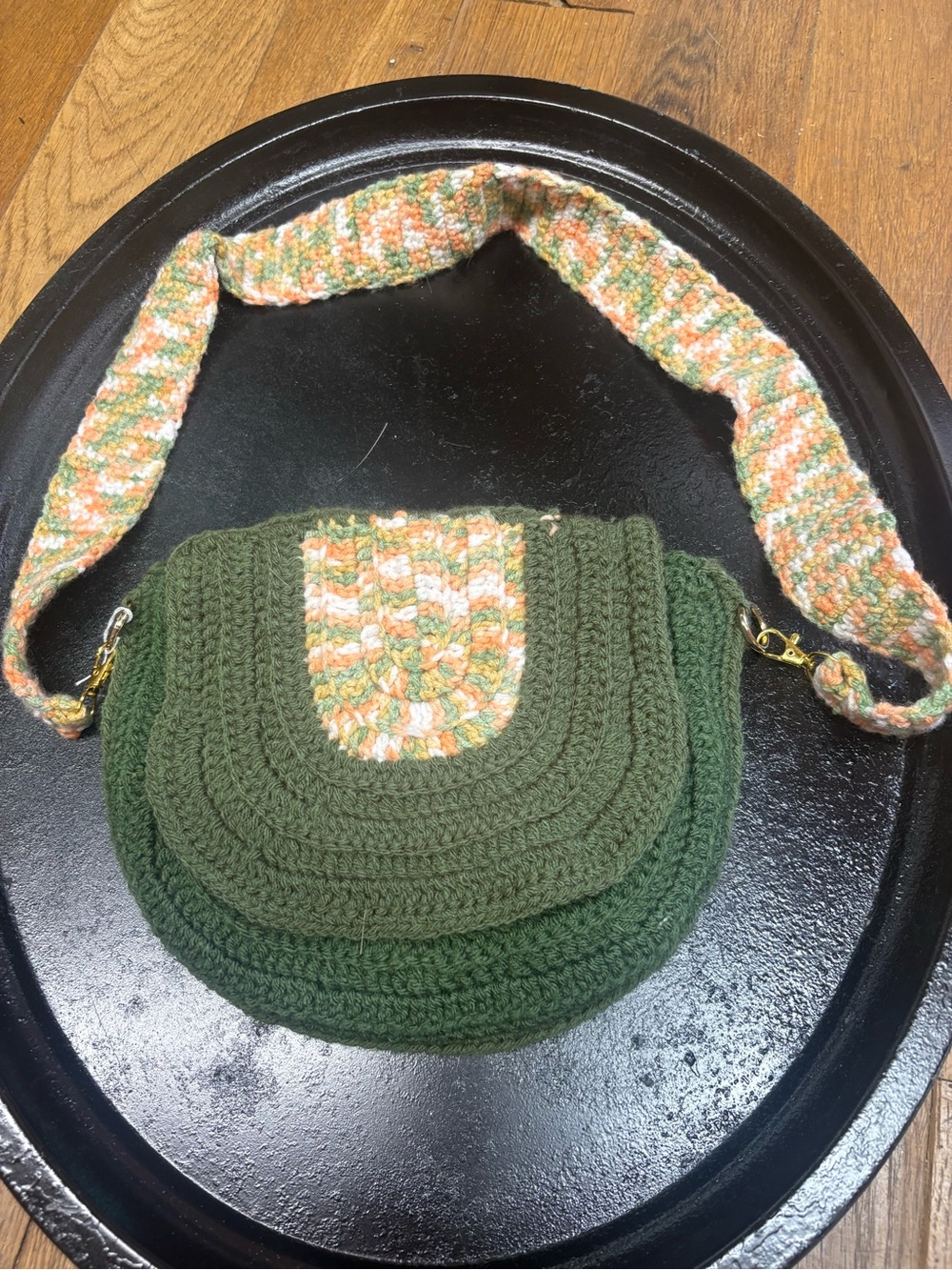 Handmade Lined Olive Green Crochet Crossbody Bag with Multicolor Strap